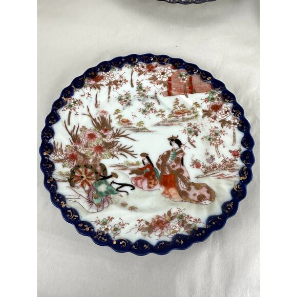 Japanese Antique China Four 7 in. Plates Cobalt Gold  Trim Geisha 1970's - Picture 5 of 16